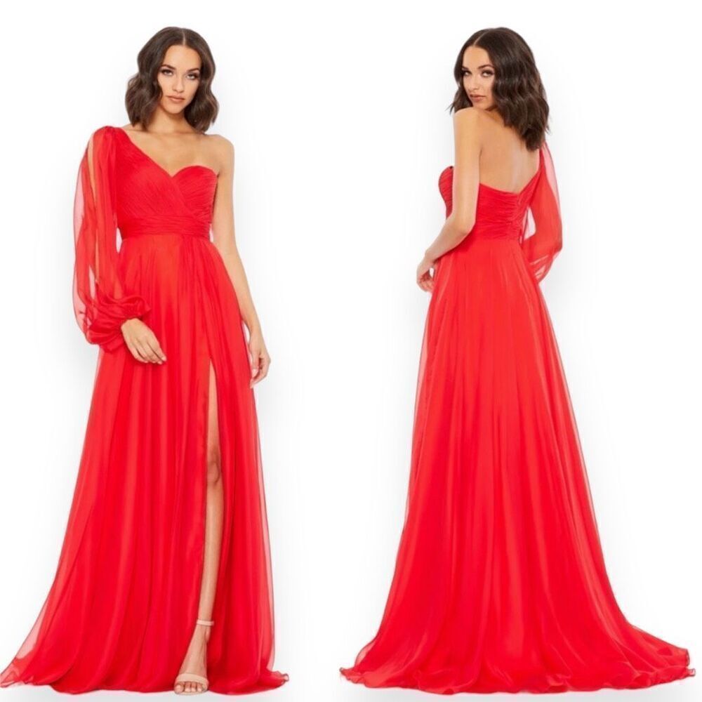 New Mac Duggal Flowy One-Sleeve Chiffon A-Line Side Slit Formal Gown Red Size 0